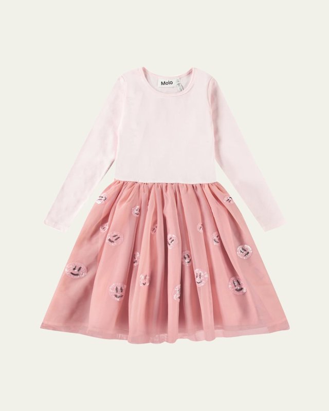 Girl's Cyrus Long-Sleeve Sequin Tulle Combo Dress, Size 3T-6